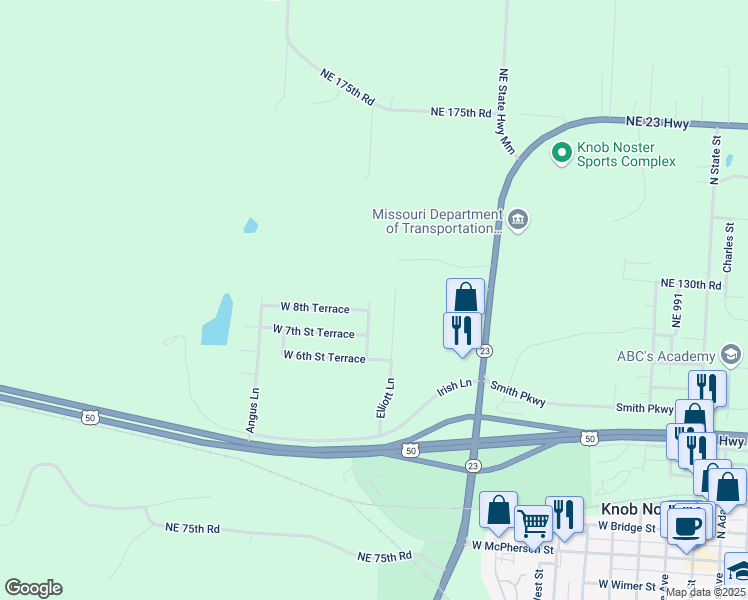 map of restaurants, bars, coffee shops, grocery stores, and more near 802 Kendrick Lane in Knob Noster