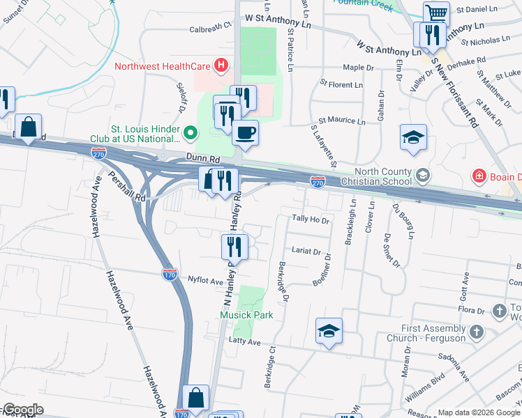 map of restaurants, bars, coffee shops, grocery stores, and more near 7350 North Hanley Road in Hazelwood