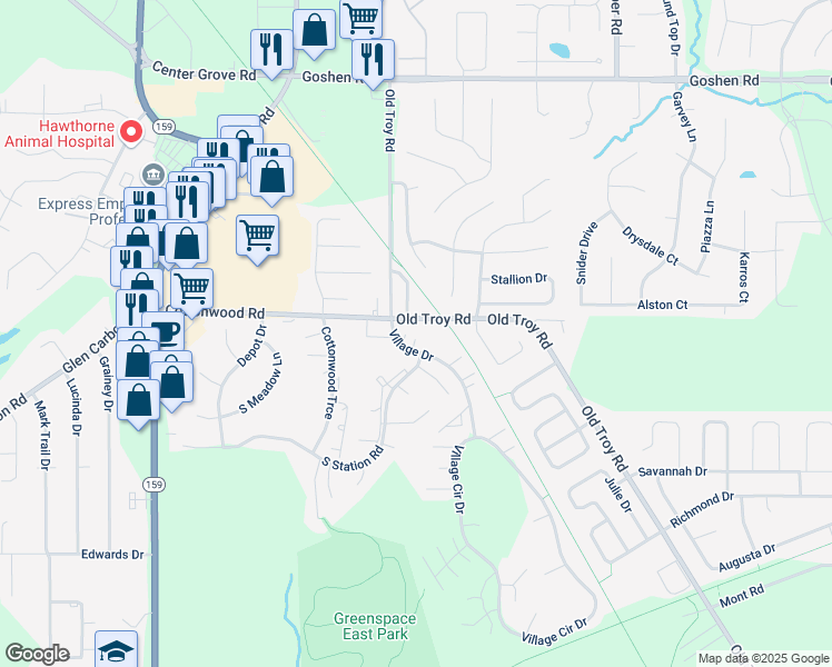 map of restaurants, bars, coffee shops, grocery stores, and more near 201 Village Drive in Glen Carbon