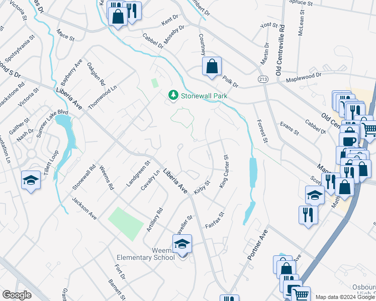 map of restaurants, bars, coffee shops, grocery stores, and more near 9134 New Britain Circle in Manassas