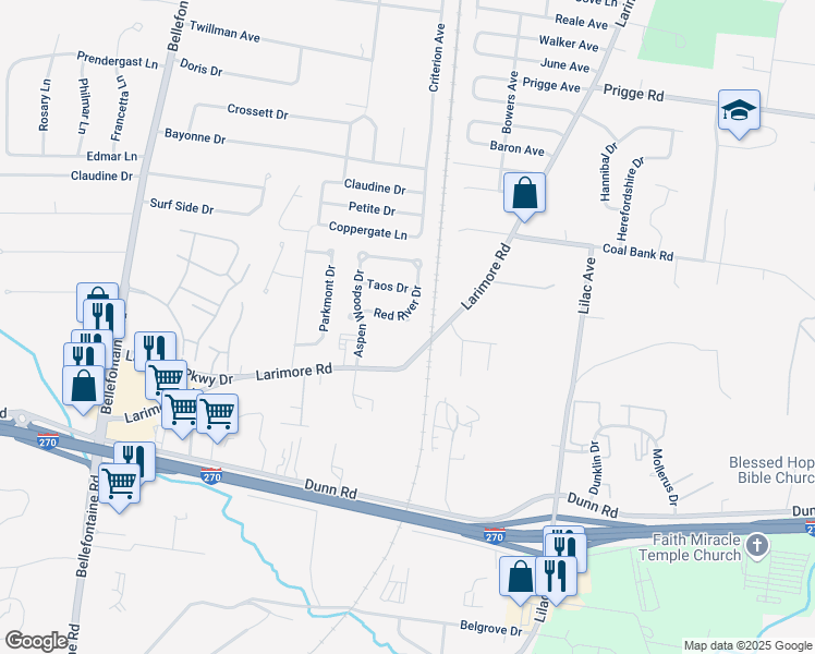 map of restaurants, bars, coffee shops, grocery stores, and more near 1308 Red River Drive in St. Louis