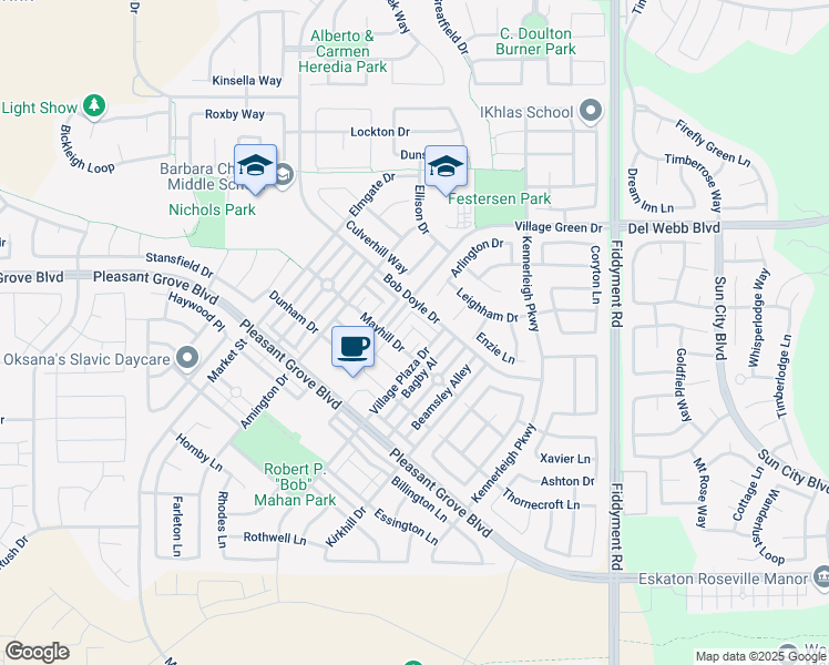 map of restaurants, bars, coffee shops, grocery stores, and more near 2040 Mannington Place in Roseville