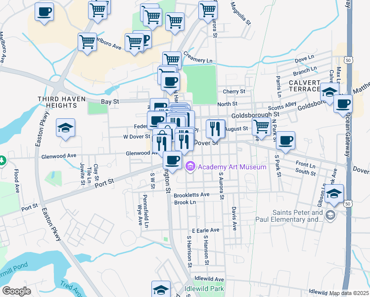 map of restaurants, bars, coffee shops, grocery stores, and more near 14 South Harrison Street in Easton