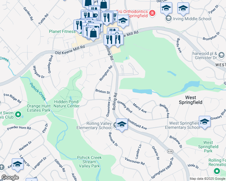 map of restaurants, bars, coffee shops, grocery stores, and more near 6521 Greenview Lane in Springfield
