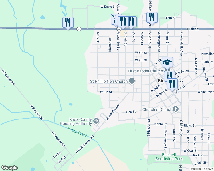map of restaurants, bars, coffee shops, grocery stores, and more near 901 West 4th Street in Bicknell