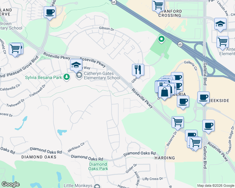 map of restaurants, bars, coffee shops, grocery stores, and more near 29 Castaic Court in Roseville