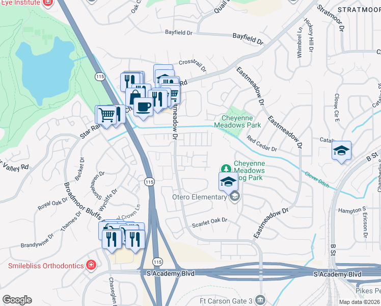 map of restaurants, bars, coffee shops, grocery stores, and more near 4015 Westmeadow Drive in Colorado Springs