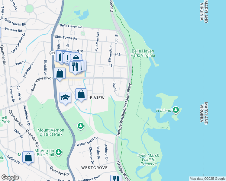 map of restaurants, bars, coffee shops, grocery stores, and more near 6610 10th Street in Alexandria