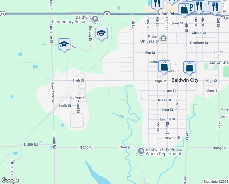 map of restaurants, bars, coffee shops, grocery stores, and more near 1221 Indiana Street in Baldwin City