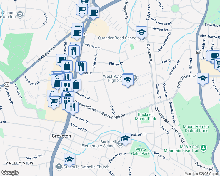 map of restaurants, bars, coffee shops, grocery stores, and more near 6617 Oak Drive in Alexandria