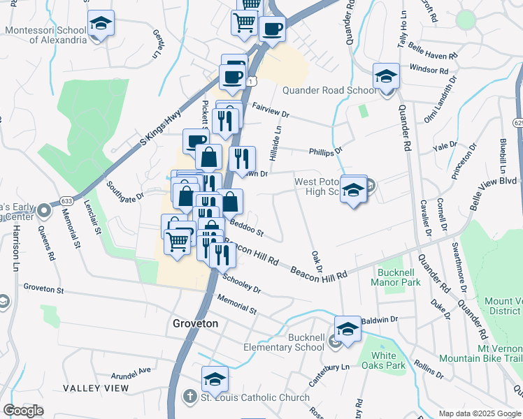 map of restaurants, bars, coffee shops, grocery stores, and more near 6617 Hulvey Terrace in Alexandria