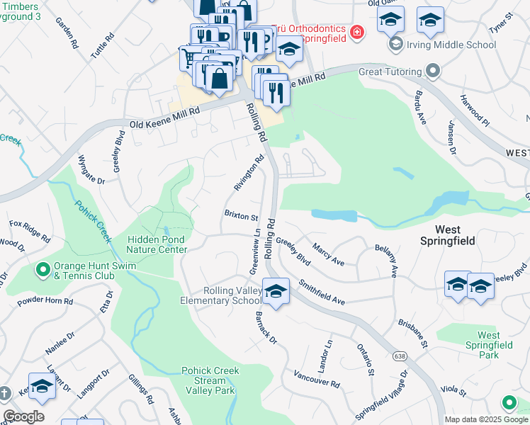 map of restaurants, bars, coffee shops, grocery stores, and more near 6521 Greenview Lane in Springfield