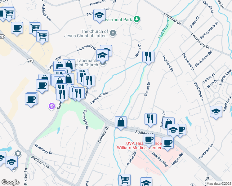 map of restaurants, bars, coffee shops, grocery stores, and more near 8428 Girvan Court in Manassas