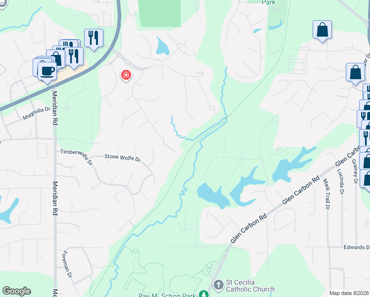 map of restaurants, bars, coffee shops, grocery stores, and more near 3 Ginger Wood Estate in Glen Carbon