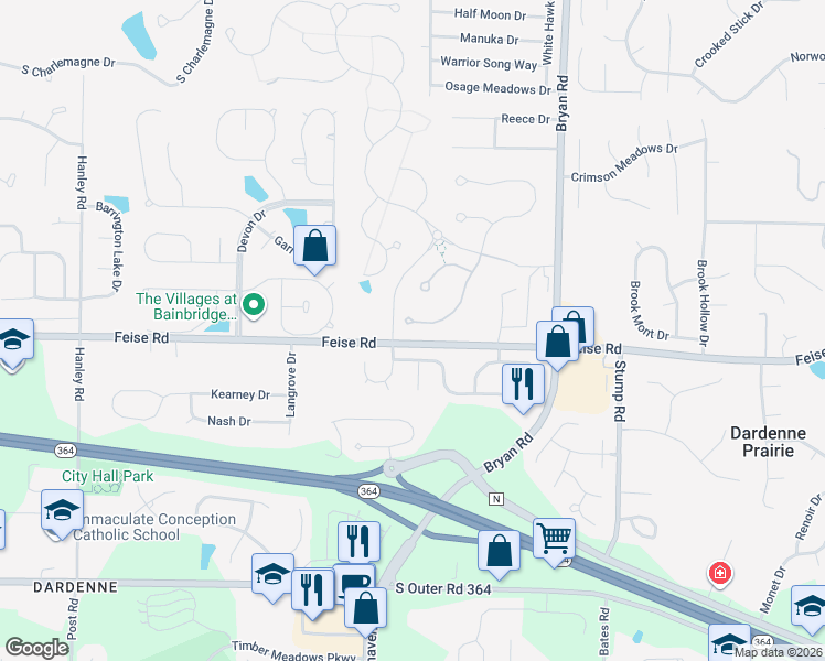 map of restaurants, bars, coffee shops, grocery stores, and more near 100 Grand Inverness Parkway in Dardenne Prairie