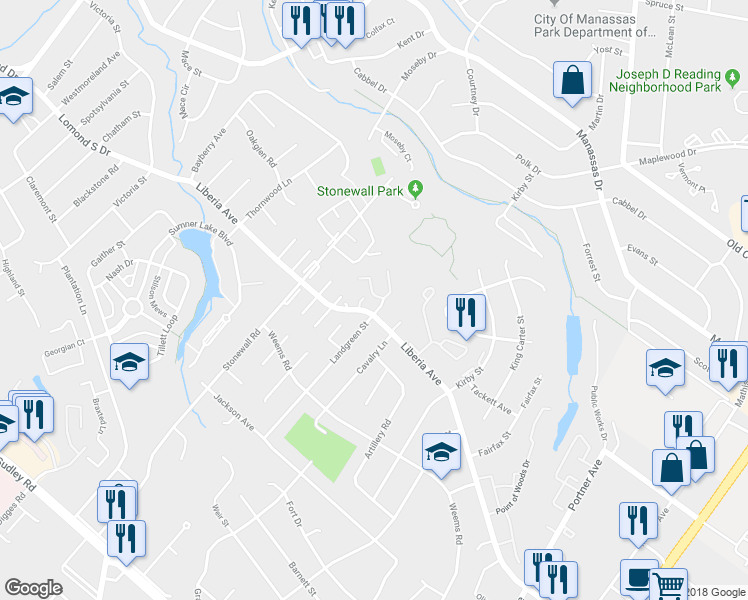map of restaurants, bars, coffee shops, grocery stores, and more near 9007 Whispering Pine Court in Manassas