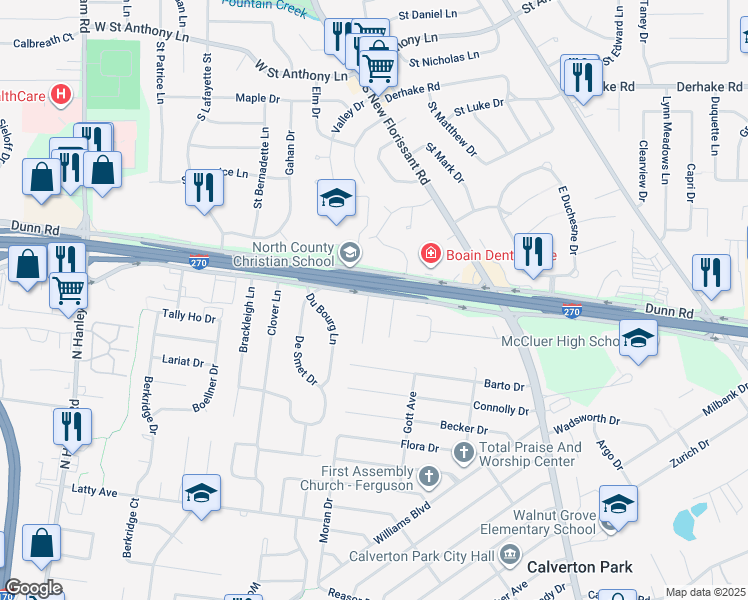 map of restaurants, bars, coffee shops, grocery stores, and more near 60 Chateau Drive in Florissant