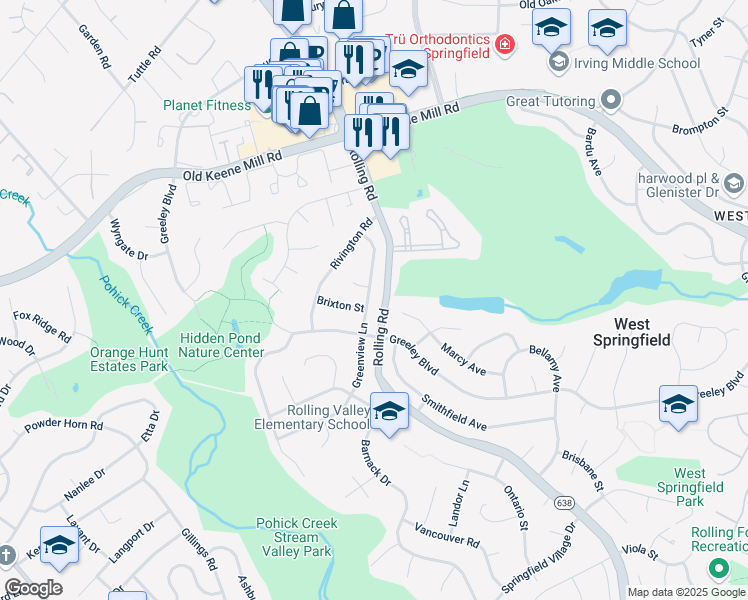 map of restaurants, bars, coffee shops, grocery stores, and more near 6521 Greenview Lane in West Springfield