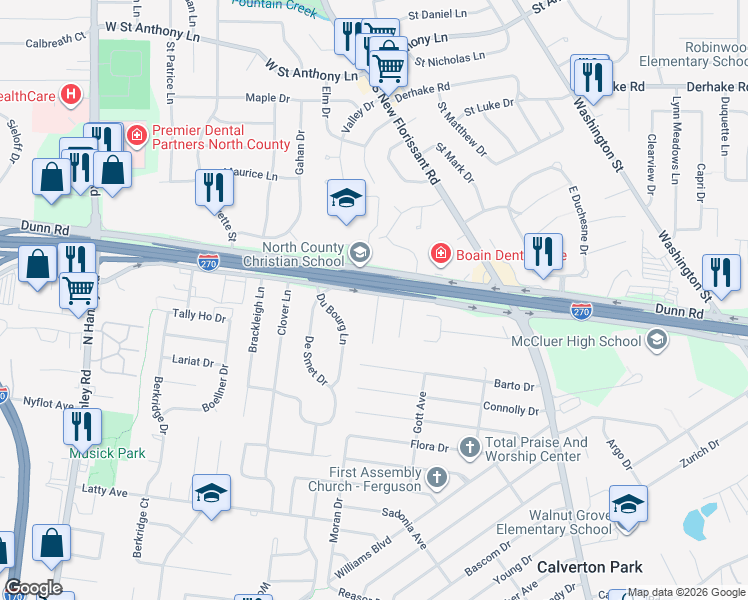 map of restaurants, bars, coffee shops, grocery stores, and more near 70 Chateau Drive in Florissant