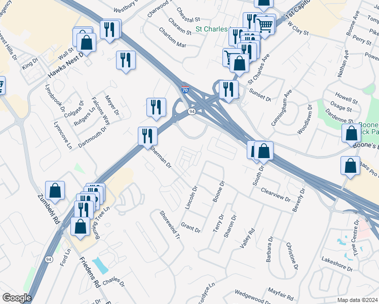map of restaurants, bars, coffee shops, grocery stores, and more near 3901 Sherman Park Drive in Saint Charles