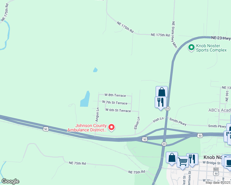 map of restaurants, bars, coffee shops, grocery stores, and more near 1605 West 8th Terrace in Knob Noster
