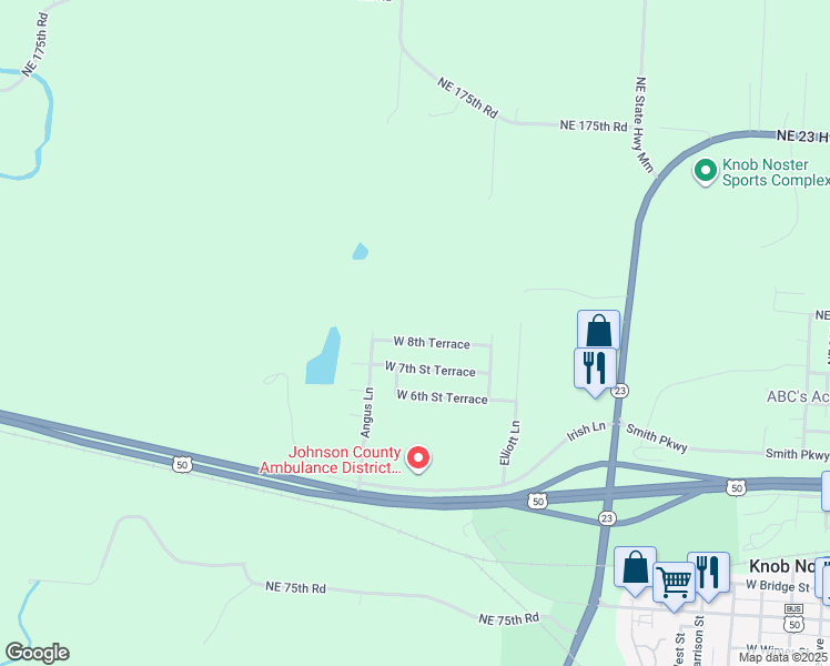 map of restaurants, bars, coffee shops, grocery stores, and more near 1605 West 8th Terrace in Knob Noster