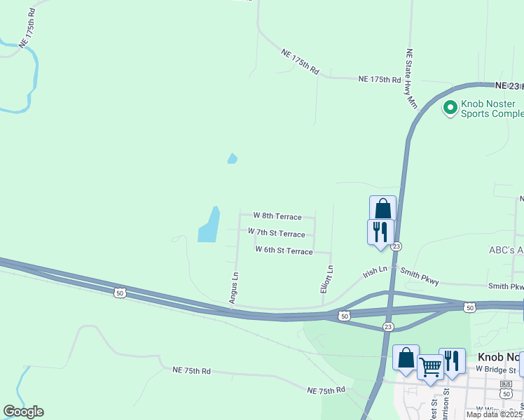 map of restaurants, bars, coffee shops, grocery stores, and more near 1605 West 8th Terrace in Knob Noster