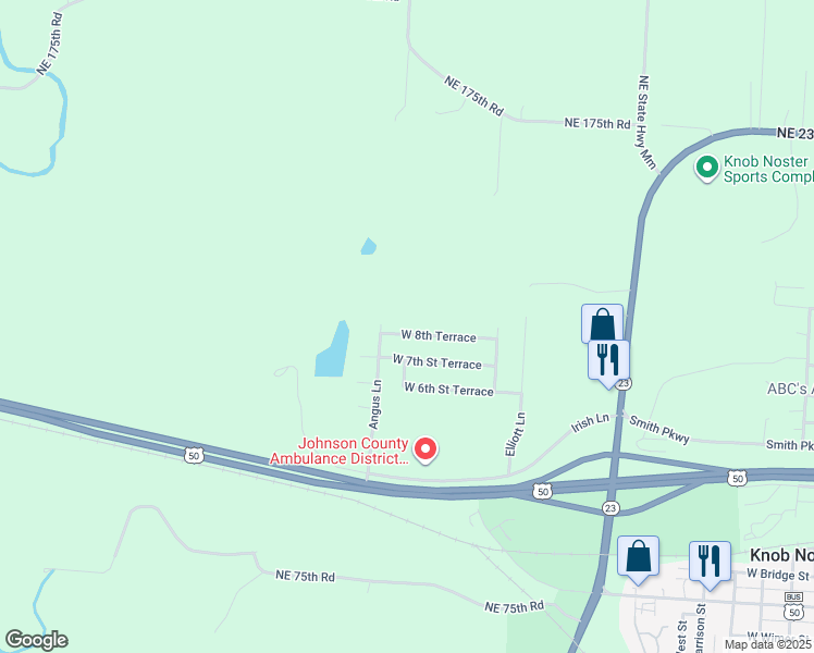 map of restaurants, bars, coffee shops, grocery stores, and more near 1706 West 8th Street Terrace in Knob Noster