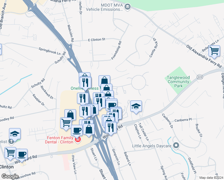 map of restaurants, bars, coffee shops, grocery stores, and more near 7103 Branchwood Place in Clinton