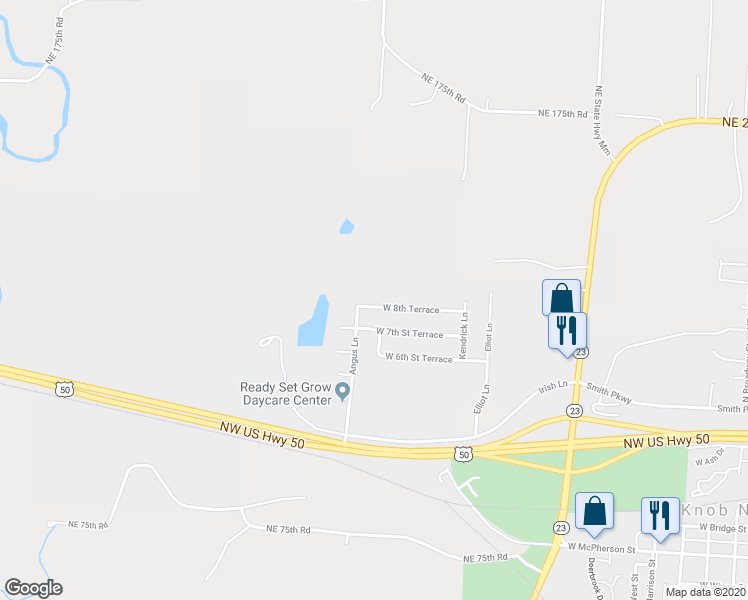 map of restaurants, bars, coffee shops, grocery stores, and more near 1706 West 8th Street Terrace in Knob Noster