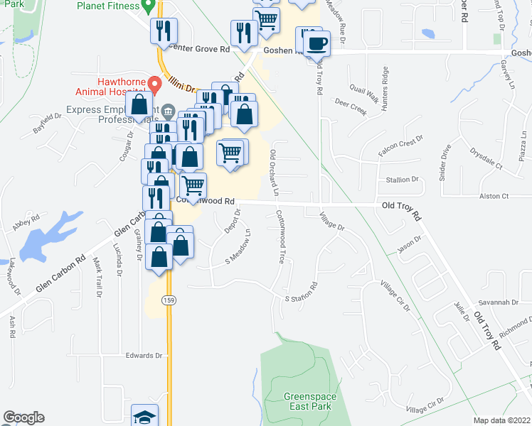 map of restaurants, bars, coffee shops, grocery stores, and more near 42 Pepperwood Court in Glen Carbon