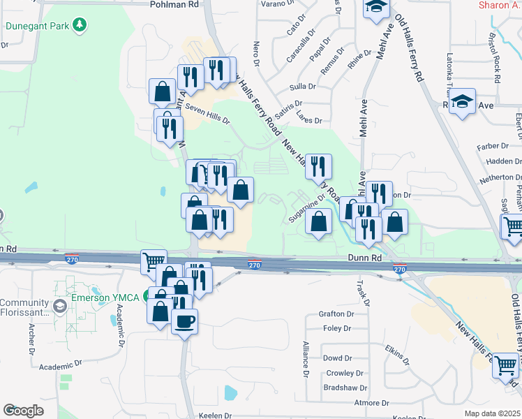 map of restaurants, bars, coffee shops, grocery stores, and more near 11317 Sugarpine Drive in Florissant