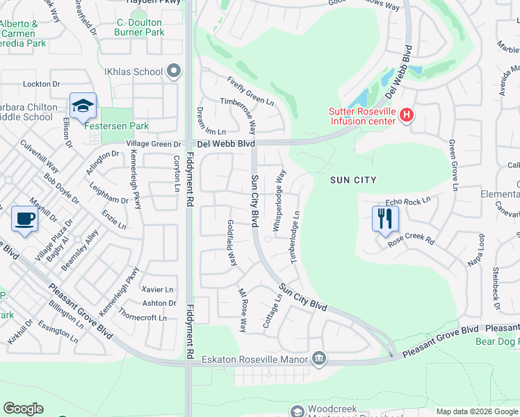 map of restaurants, bars, coffee shops, grocery stores, and more near 521 Cobblestone Court in Roseville