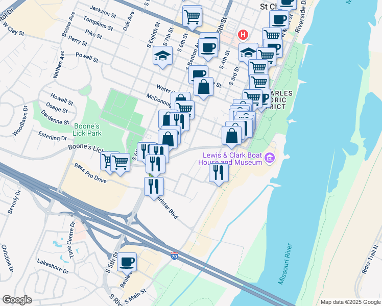 map of restaurants, bars, coffee shops, grocery stores, and more near 1115 Hall Street in Saint Charles