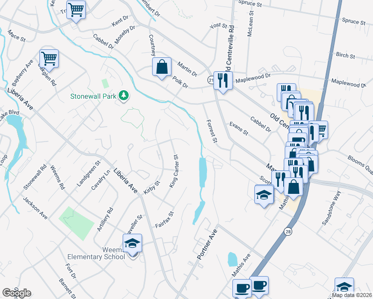 map of restaurants, bars, coffee shops, grocery stores, and more near 8939 Kamlea Drive in Manassas