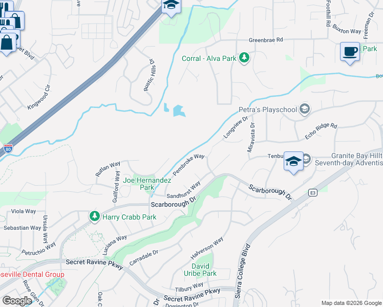 map of restaurants, bars, coffee shops, grocery stores, and more near 7025 Pembroke Way in Rocklin