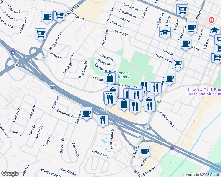 map of restaurants, bars, coffee shops, grocery stores, and more near 1003 Fairgrounds Road in Saint Charles