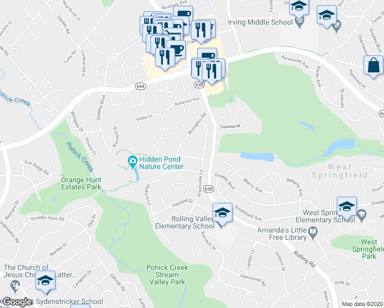 map of restaurants, bars, coffee shops, grocery stores, and more near 8304 Brixton Street in West Springfield