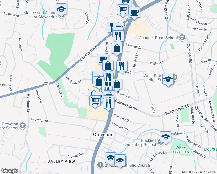 map of restaurants, bars, coffee shops, grocery stores, and more near 6630 Richmond Highway in Alexandria