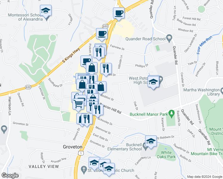 map of restaurants, bars, coffee shops, grocery stores, and more near 6615 Hulvey Terrace in Alexandria