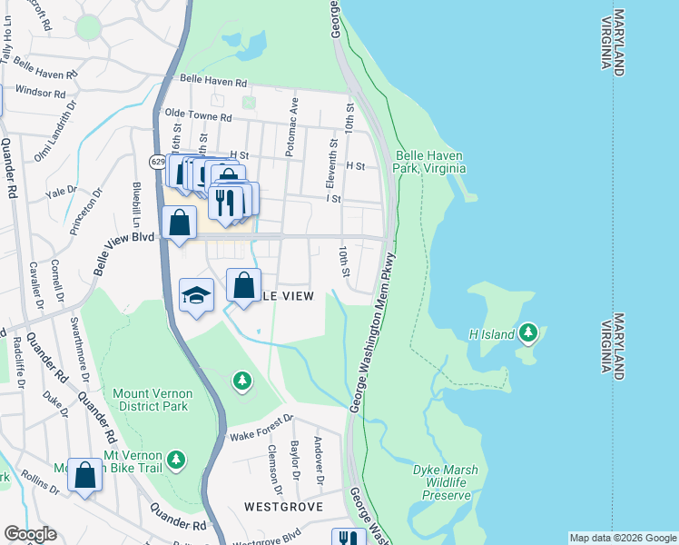 map of restaurants, bars, coffee shops, grocery stores, and more near 6608 10th Street in Alexandria