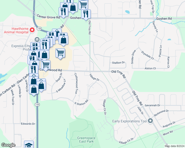 map of restaurants, bars, coffee shops, grocery stores, and more near 101 Village Drive in Glen Carbon