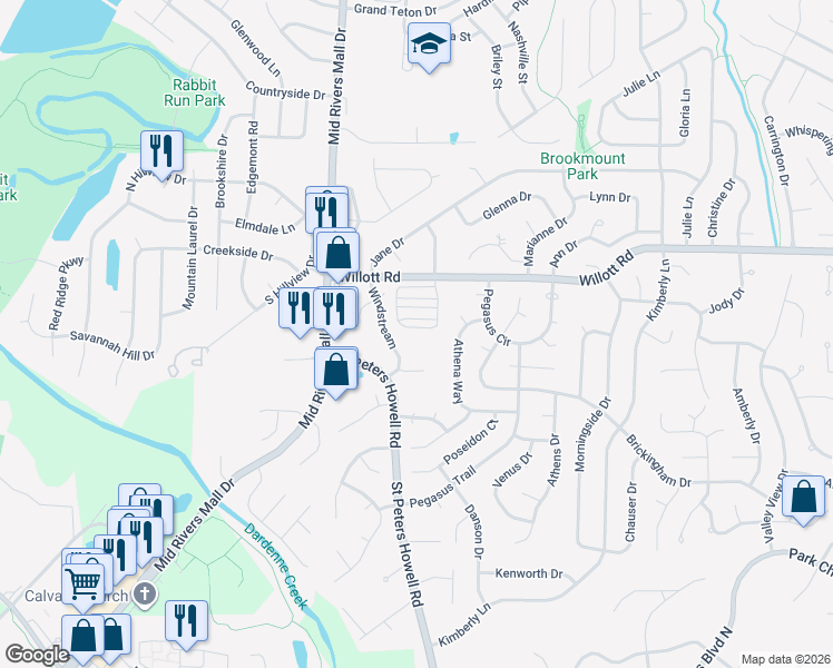 map of restaurants, bars, coffee shops, grocery stores, and more near 300 Willott Square Drive in St. Peters