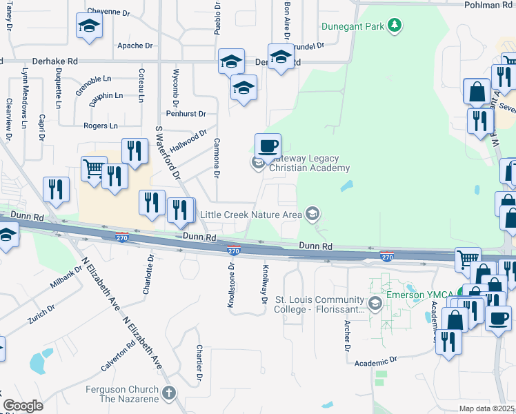 map of restaurants, bars, coffee shops, grocery stores, and more near 1520 Grandview Drive in Florissant