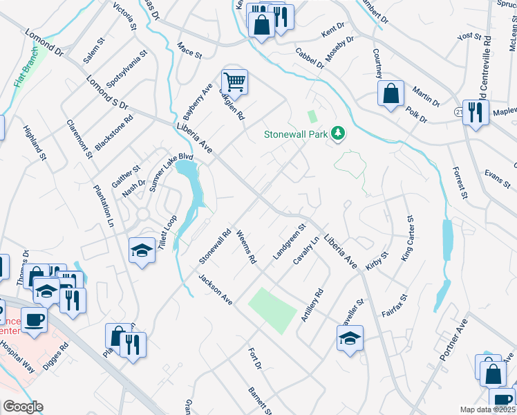 map of restaurants, bars, coffee shops, grocery stores, and more near 8515 Stonewall Road in Manassas