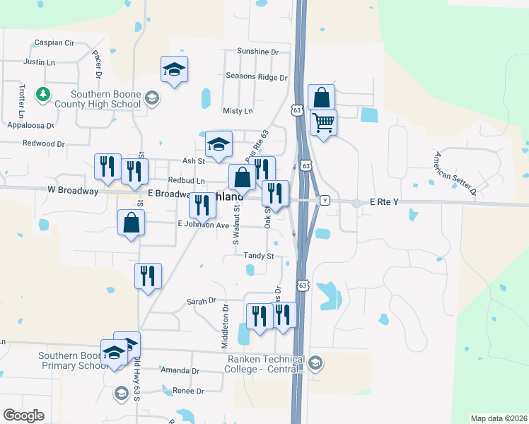 map of restaurants, bars, coffee shops, grocery stores, and more near 105 Oak Street in Ashland