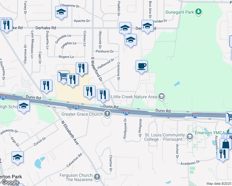 map of restaurants, bars, coffee shops, grocery stores, and more near 1415 Acredale Drive in Florissant