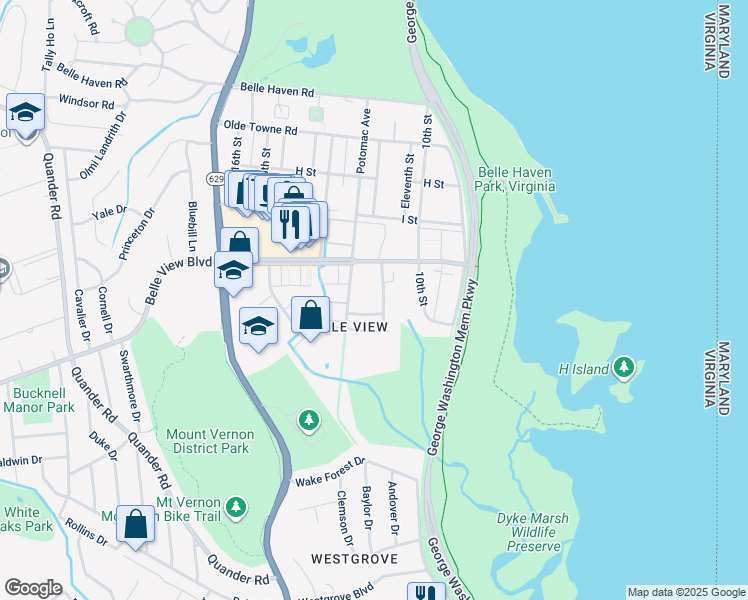 map of restaurants, bars, coffee shops, grocery stores, and more near 6620 East Wakefield Drive in Alexandria