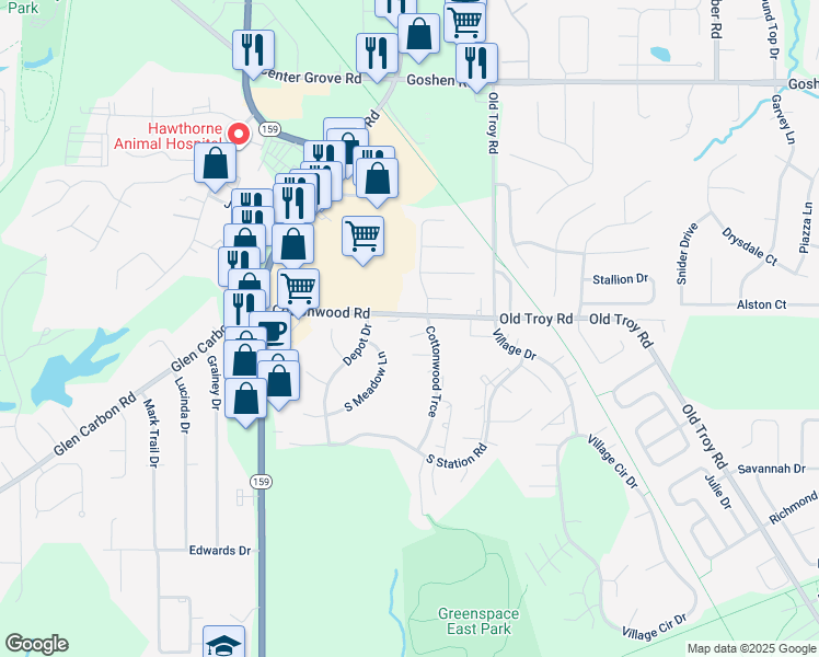 map of restaurants, bars, coffee shops, grocery stores, and more near 31 Pepperwood Court in Glen Carbon