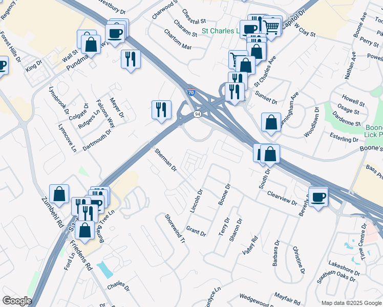 map of restaurants, bars, coffee shops, grocery stores, and more near 3901 Sherman Park Drive in Saint Charles